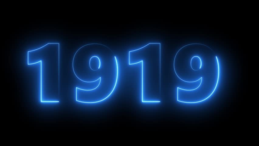 1919 neon sign glowing in blue light, retro vintage year typography animation on black background date
