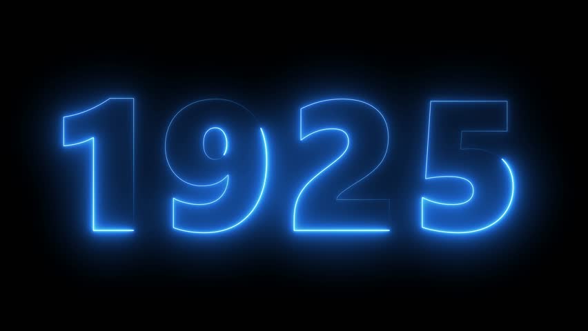 Neon blue glowing number 1925 animated typography on black background, year date