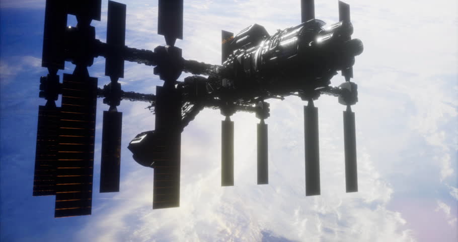 A large space station hovers in low Earth orbit, showcasing its solar panels and structure. Below, a view of Earth reveals fluffy clouds against the dark expanse of space.