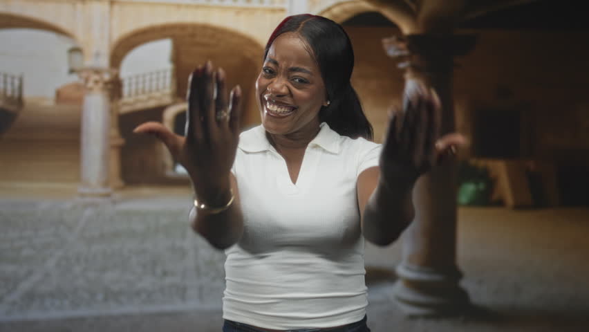 Woman smiling with hands near chest and white shirt, touching collar while posing in historic building; joyful confidence.