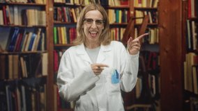 Woman doctor in white lab coat smiling and pointing with both hands at bookshelves in library, glasses and pens in pocket; curiosity teaching playful. - Powered by Shutterstock - Get 15% off with code: PIKWIZARD15