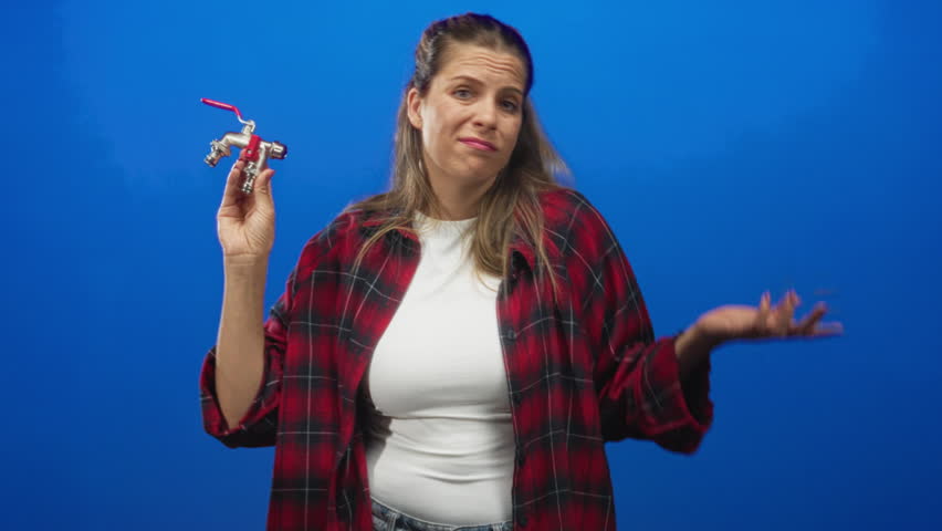 Woman holding metal faucet with red handle and shrugging hand in studio, wearing plaid shirt and white tee; plumbing frustration.