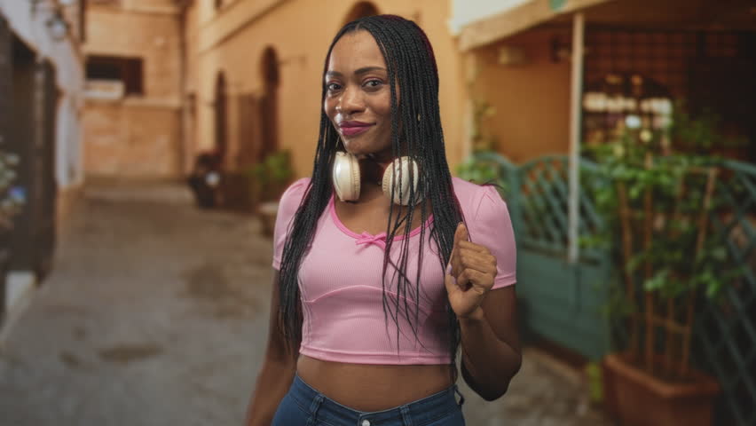 Woman with headphones cups her hand to ear and gives thumbs up on a street; listening approval joyful.