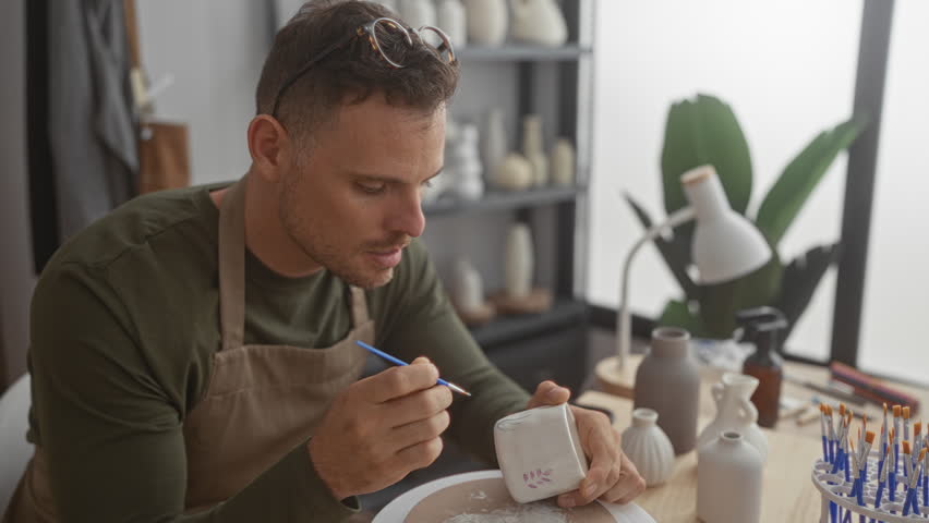 Man painting a small ceramic cup with brush, holding cup in bare hand in studio; concentration craft patience.