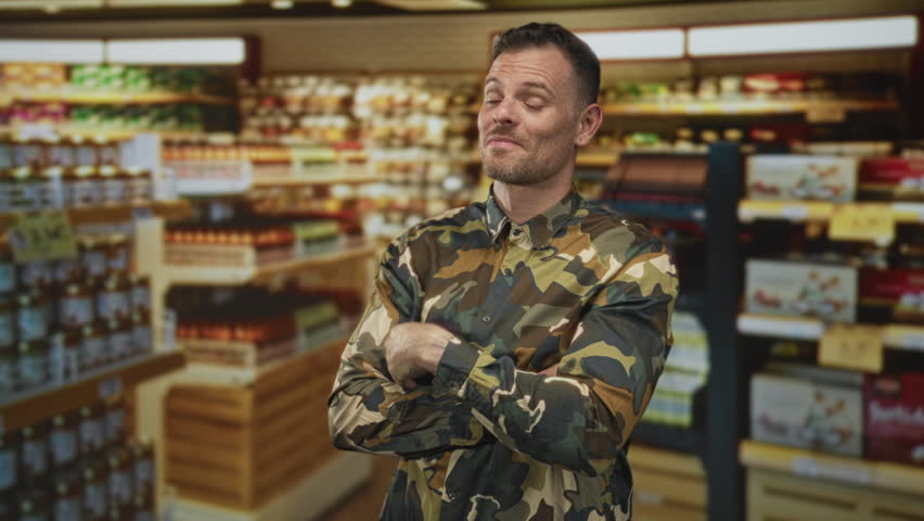 Man soldier in camouflage shirt, palms up hand gesture and open hands visible in supermarket aisle among shelves; confidence casual.