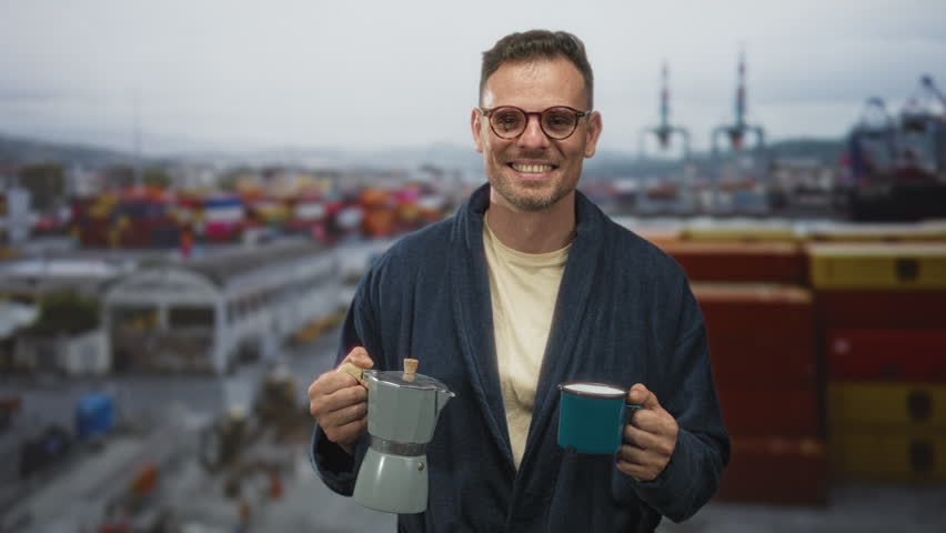 Man in robe holding stovetop coffeemaker and mug, smiling with hands visible at a container port building; morning ritual contentment.