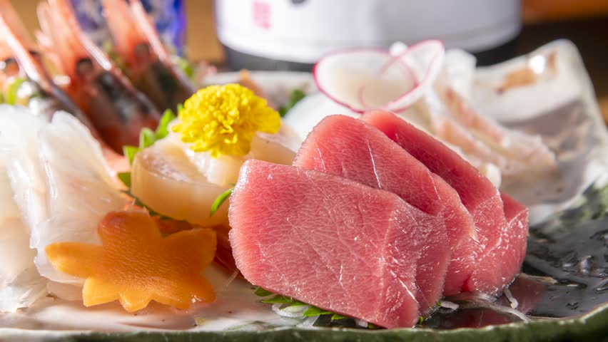 Fresh Tuna Sashimi Slices Served on White Plate Japanese Food
