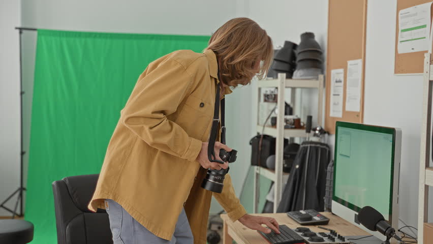 Man adjusts dslr camera and tweaks audio mixer and keyboard controls at desk in studio; focused creativity production.