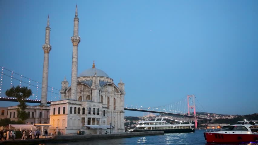 The Bosphorus Bridge and the Ortakoy Mosque during twilight sunset in Istanbul, Turkey