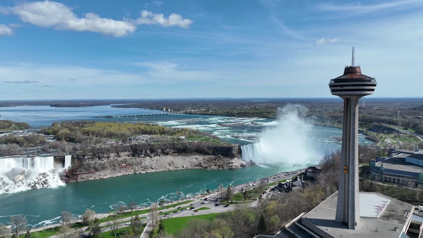 Niagara Falls drone scenic views from Canada of both American and Horseshoe Falls with Skylon Tower