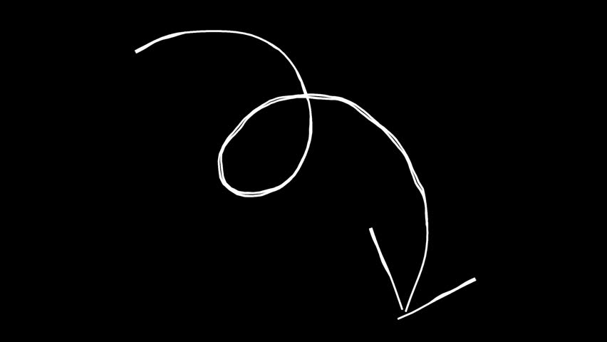 A line drawing illustration of a swirling arrow. A hand-drawn icon video with moving lines. A looping 4K animation. A decorative stamp of a drawing drawn freehand with a white pen on a black background.