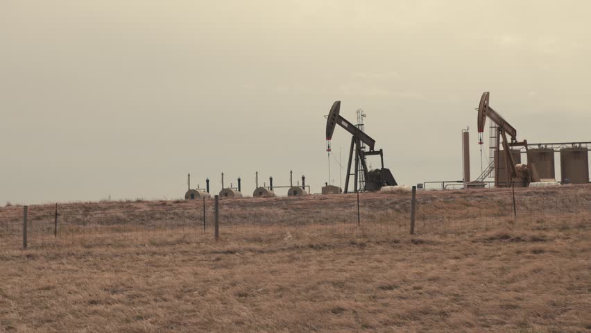 Oil pumpjacks extracting crude petroleum from well