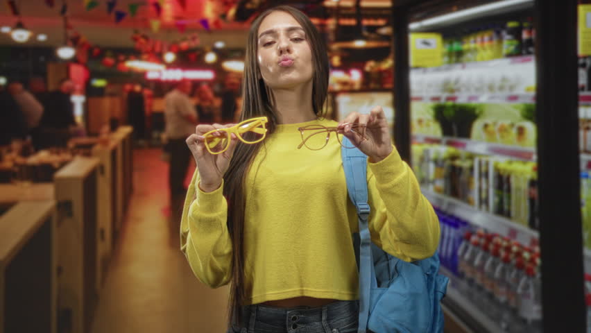 Young student girl holds yellow sunglasses and clear eyeglasses and pouts while posing with a blue backpack in a supermarket aisle among drinks and shelves; playful.
