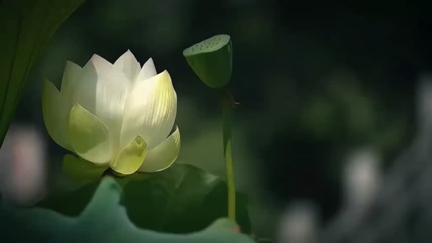 A stunning close-up of a blooming white lotus flower alongside a green seed pod. High-quality imagery capturing purity and peace, ideal for botanical, spiritual, and nature-themed projects.