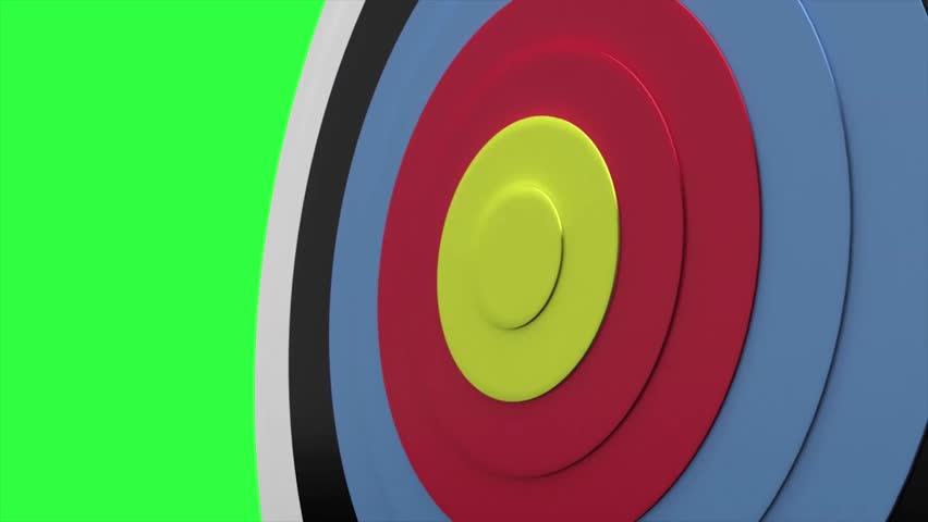 3D Archery Target Board with Arrow Hitting Bullseye on Green Screen Background.