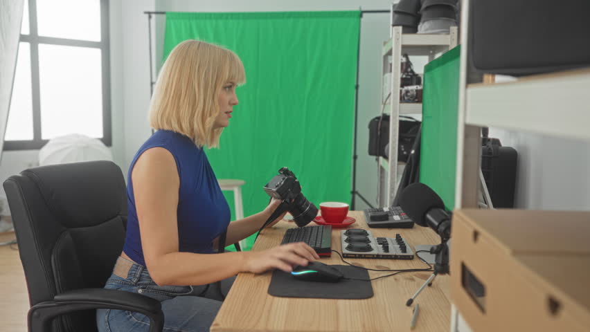 Woman holds dslr camera and types with hands at computer keyboard in studio green screen setup; concentration creativity.
