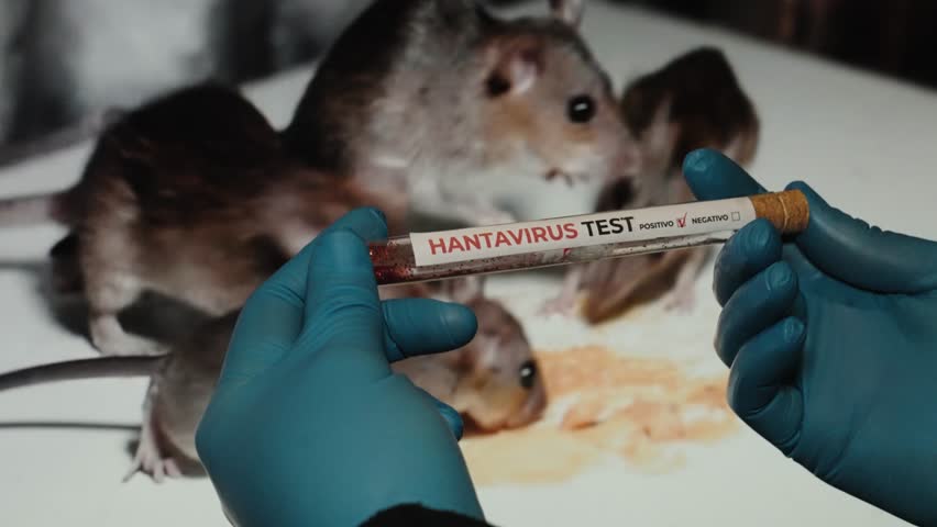 Hantavirus test tube with infected rodents and virus background