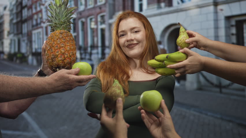 Redhead woman with bare shoulders and hands accepting offered pineapple, pear and green apple on street; playful sharing.