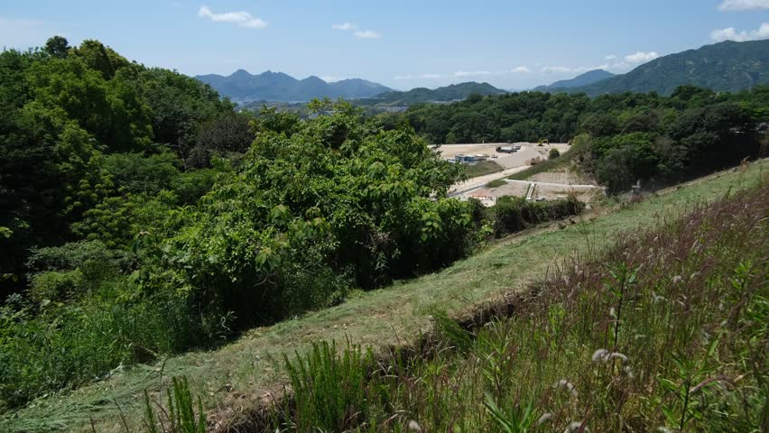 Mountain landscape with clear blue sky and swaying foreground plants near development area