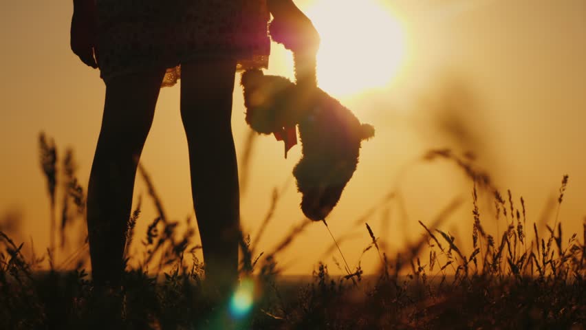 Small girl standing in tall grass holding plush toy at dusk.