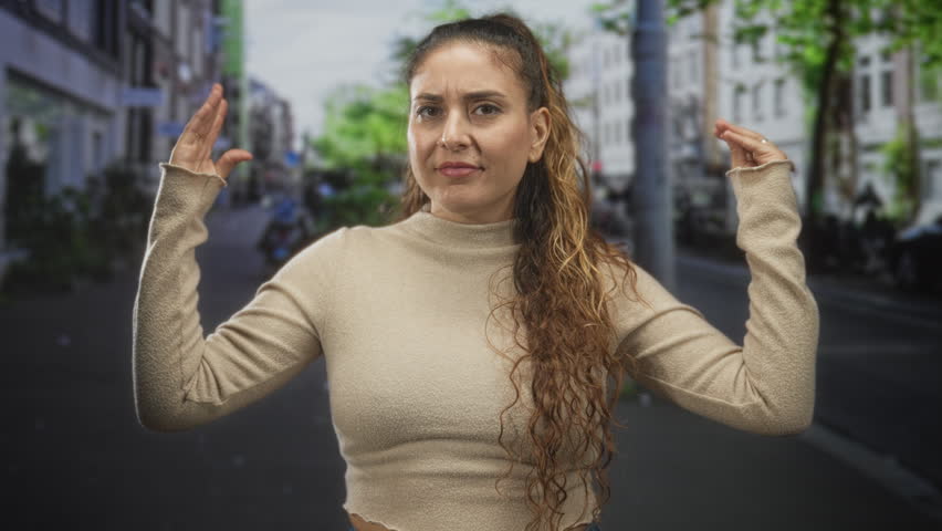Young woman raises hands palms outward on street, wearing beige cropped sweater with long curly hair and visible rings; uncertainty.
