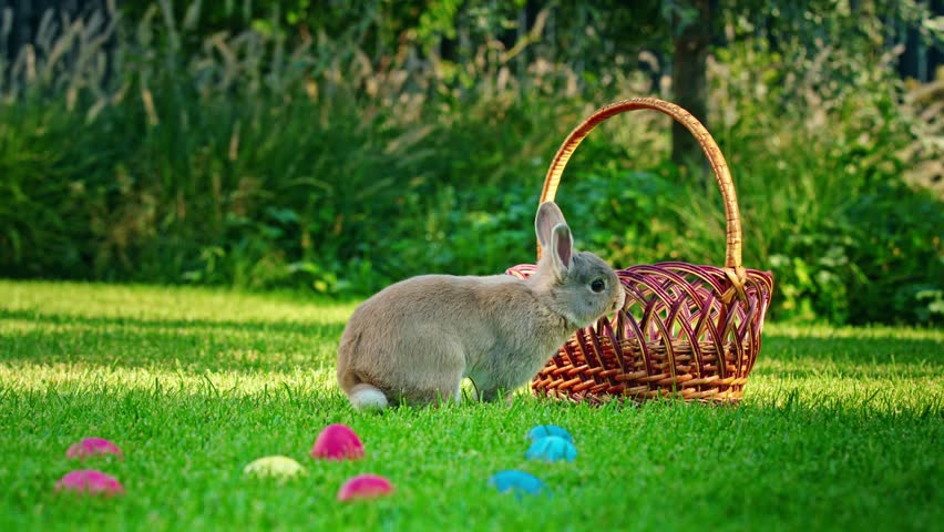 Adorable rabbit with easter basket and colorful eggs on green lawn.