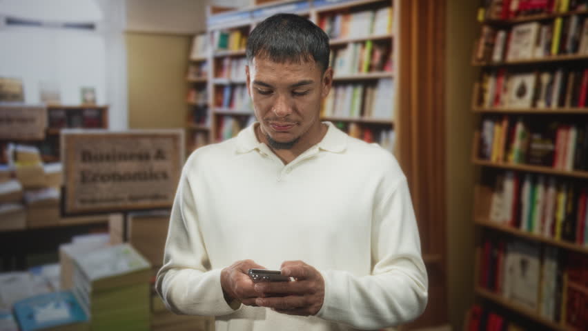 Man in white sweater holds smartphone with palms up in a bookstore building, glancing sideways as if asking a question; confusion.