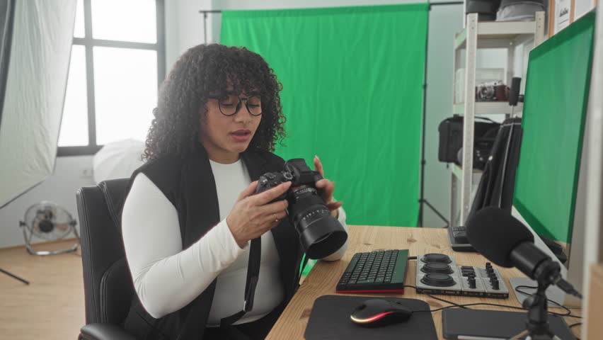 Woman photographer holding dslr camera inspects controls and gestures with hands in studio; focused creativity.
