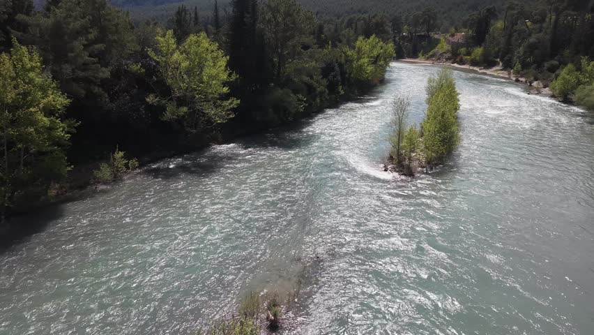 River mountain landscape. Mountain river, trees, sky. Landscape with a flowing river. Flight over the river, fast current. High quality 4k footage