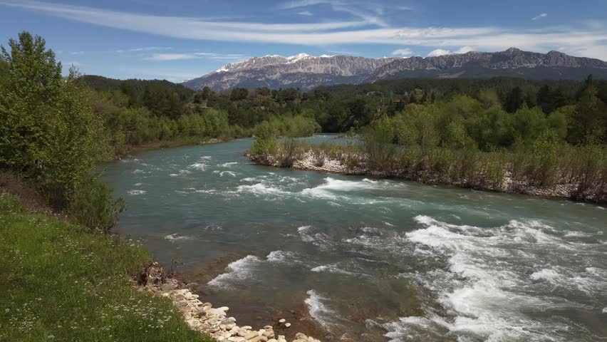 River mountain landscape. Mountain river, trees, sky. Landscape with a flowing river. Flight over the river, fast current. High quality 4k footage
