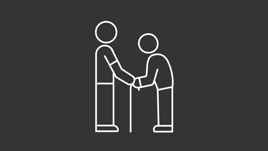 Animated young man caring of grandfather white line icon. Caregiver supports elderly person animation. Social service for old patient. Isolated element on dark background. Alpha transparent video