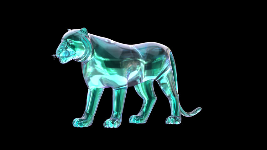 Iridescent 3D glass tiger roaring in perspective with pearlescent art highlights.