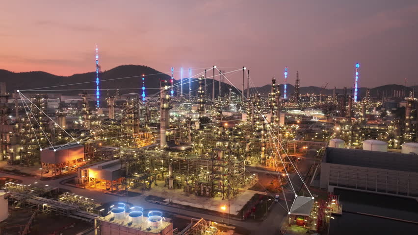 Glowing blue digital network lines flowing through a massive oil refinery and petrochemical plant at twilight. Smart factory technology, IoT infrastructure, and modern energy data management.