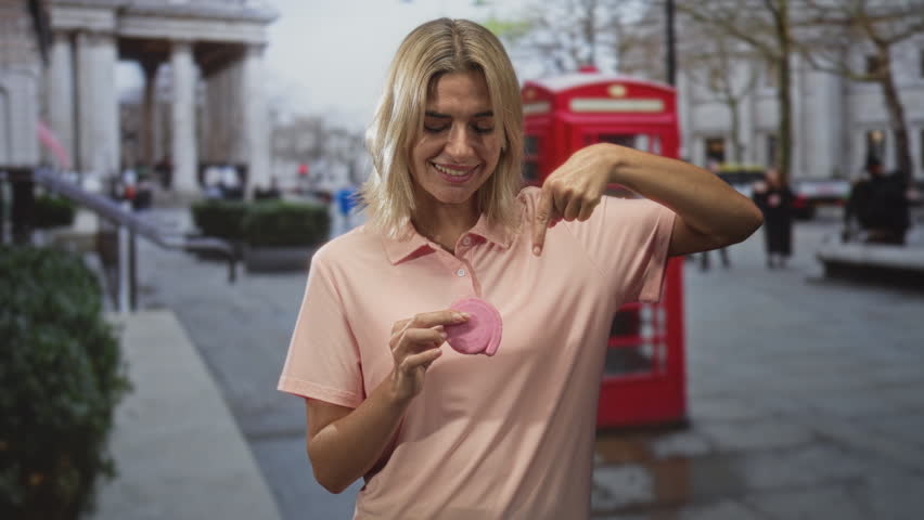 Woman points finger to pink pastry held near her chest on a city street with a red telephone booth and stone columns visible; playful confidence.