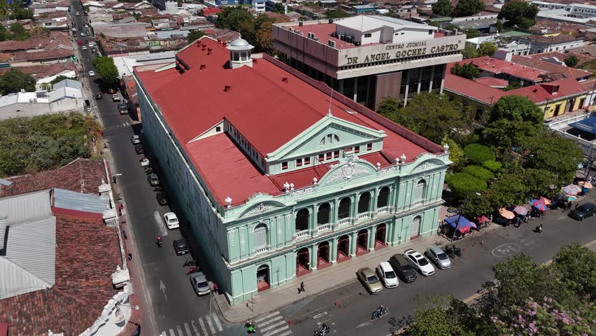 Aerial View of National Theater of Santa Ana in El Salvador, Historic Architecture, Cultural Tourism Landmark