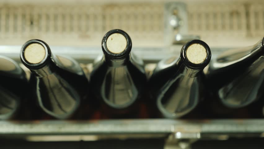 Wine bottles on shelf, cellar storage, slow motion footage.