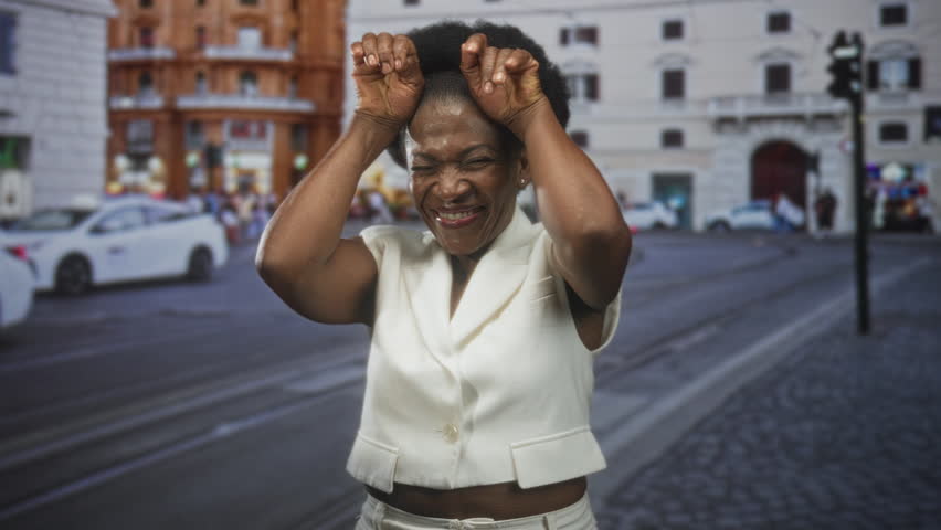 Woman raises palms above head in a playful gesture on a cobblestone street with tram tracks and car; joy celebration.