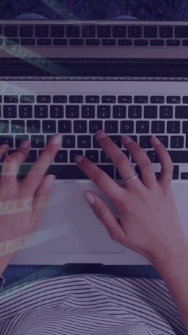 Vertical video: Woman typing on laptop keyboard, showing avatars and pulsing nodes for networking. Holographic, interfaces, connectivity, productivity, computer, sofa, vertical video