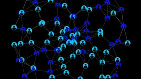 Digital Network of People Icons Connecting with Glowing Lines. Animation of a blue social network with interconnected people icons and glowing data links evolving on a black background representing global communication and community. - Powered by Shutterstock - Get 15% off with code: PIKWIZARD15