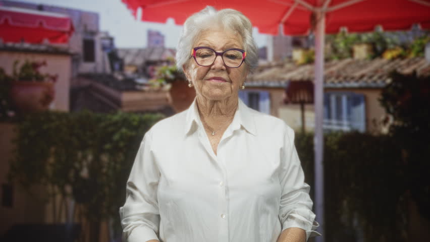 Elderly woman twists a bottle cap with bare hands on a building terrace under a red umbrella, holding a plastic water bottle and wearing glasses; independence comfort.