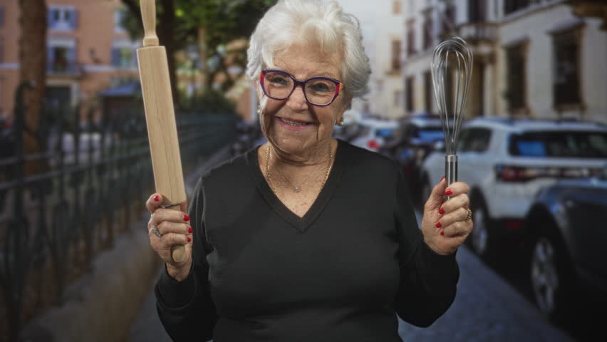 Senior woman smiling holds a rolling pin and metal whisk in her hands, wearing glasses and red nail polish, standing on a cobblestone street with parked cars; cheerful baking.