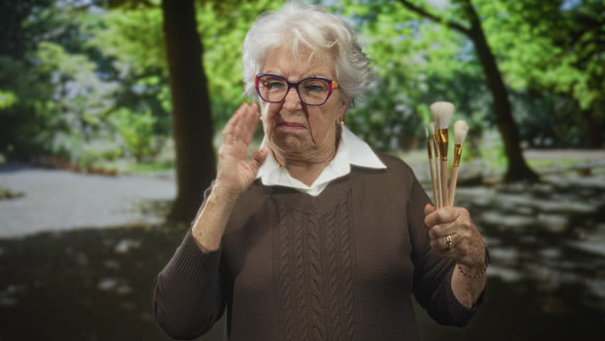 Elderly woman wearing glasses and a brown sweater holds paintbrushes in one hand and pinches her nose with the other while standing in a forest; disgust.