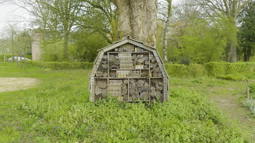 Peaceful footage of a handmade insect hotel surrounded by lush greenery and trees in a natural park setting during springtime in the Netherlands.