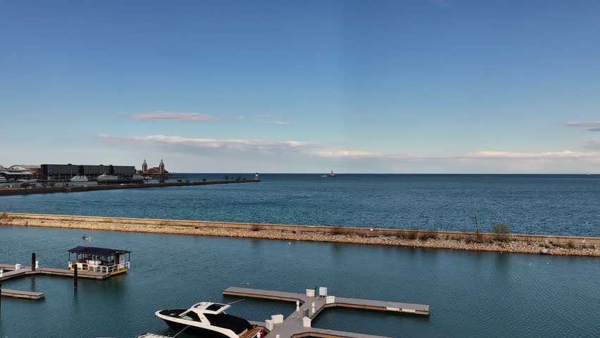 Drone view of Lake Michigan and lighthouse near Chicago, Illinois