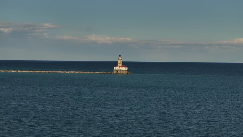 Drone view of the Chicago lighthouse on Lake Michigan