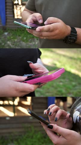 hands of people using mobile phone. Collage