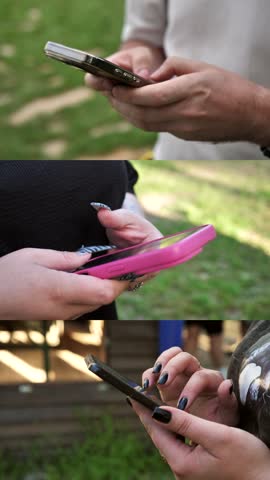 hands of people using mobile phone. Collage