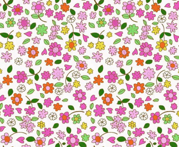 Seamless floral design featuring pink, orange, yellow, and green flowers with green leaves on off-white background. Continuous repeating pattern.