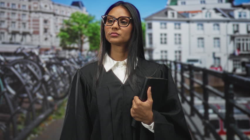 Woman judge in robe holding casebook, hand gripping book while standing on street with bicycles and buildings visible; determination duty.