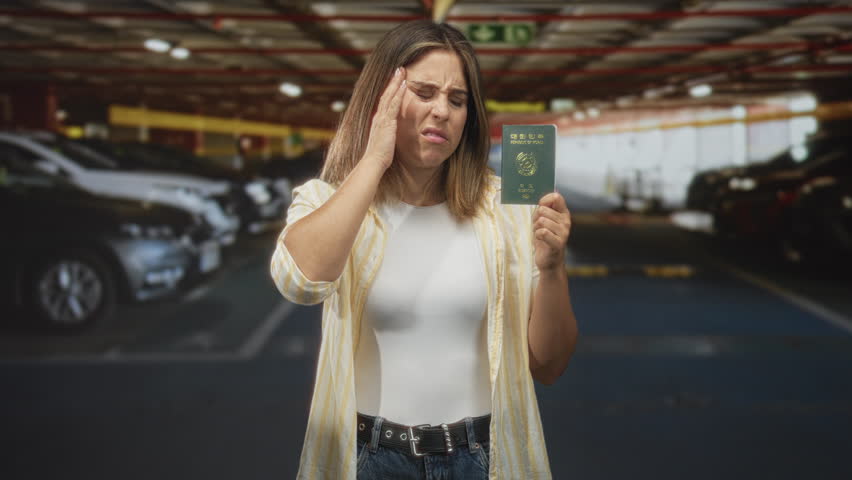 Woman holding a korean passport, hand on forehead and uneasy expression while standing in a parking building among cars and concrete pillars; travel frustration.